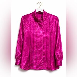 VTG Ship’n Shore Fuchsia Jacquard Blouse NOS 90s Draped Neck Hidden Button Sz 16